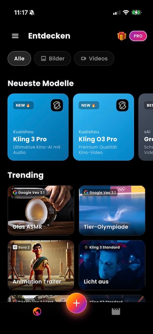 VIBE KI Video Generator App auf Deutsch - Entdecken Ansicht mit KI-Modellen wie Seedance 2.5, WAN 3.0 und Veo